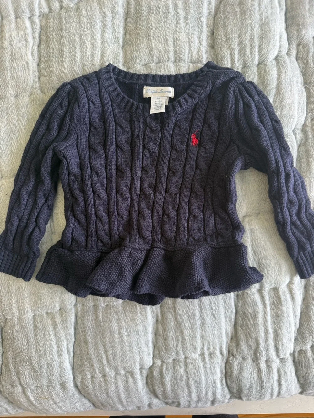 Ralph Lauren Navy Cable-Knit Peplum Sweater with Red Pony